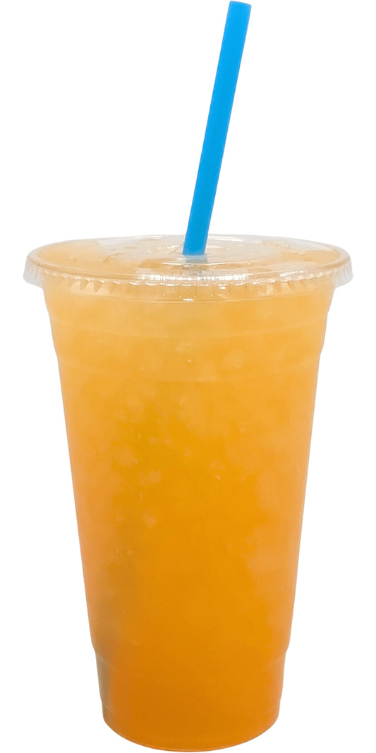 Coco Watermelon Flavored Loaded Tea in a Cup. Yellow orange Color.